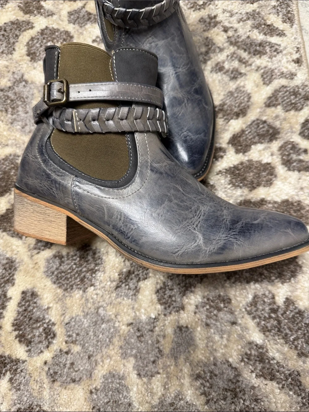 New-Maurices Gray Distressed Western Cutout Ankle Boots with Braided Strap